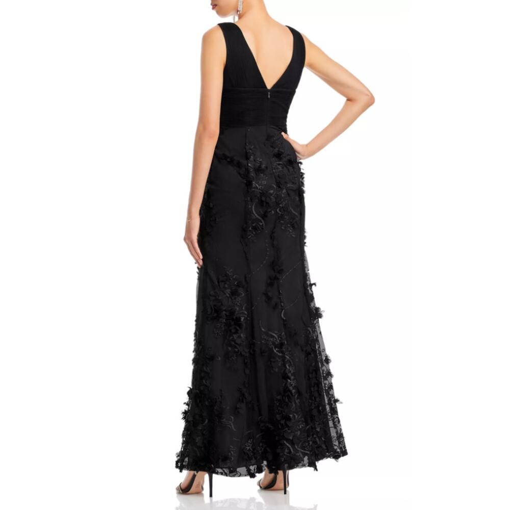 Adrianna Papell Black Floral Appliqué Double V Neck Mermaid Gown Size 10 - Picture 2 of 12